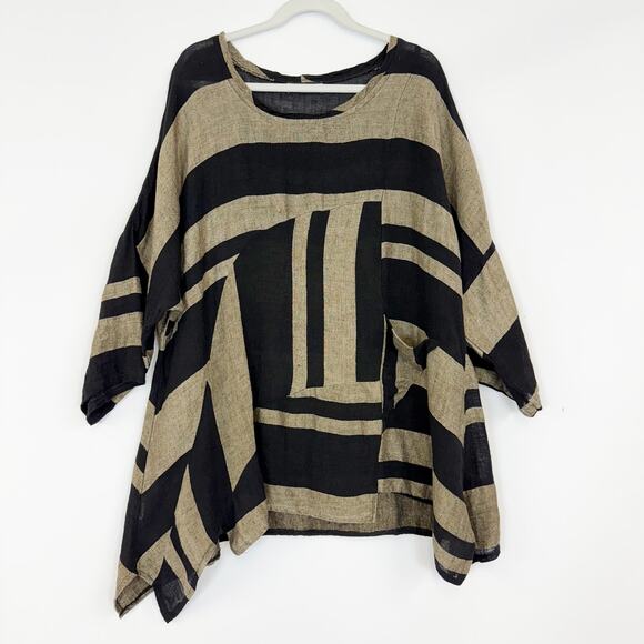 Transparente Linen Asymmetrical Lagenlook 3/4 Sleeve Top Black Tan Women's Large - Picture 1 of 11